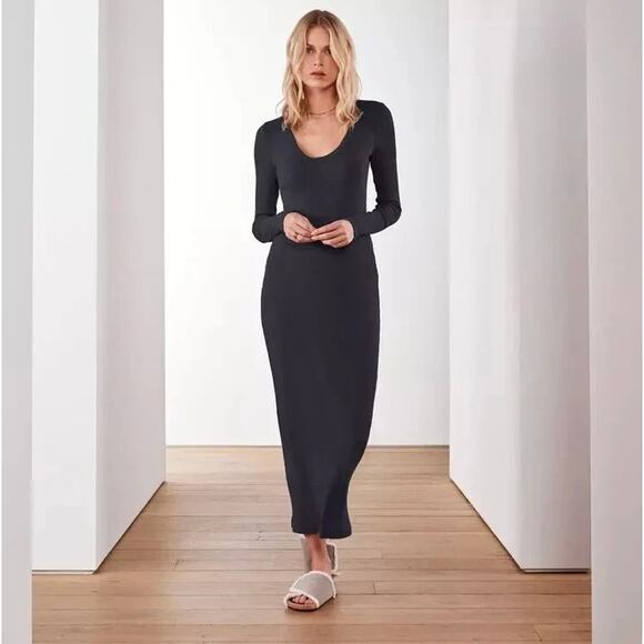 EUC James Perse Thermal Long Sleeve Maxi Dress Black Cotton Scoop Neck Rib Knit - Picture 3 of 16